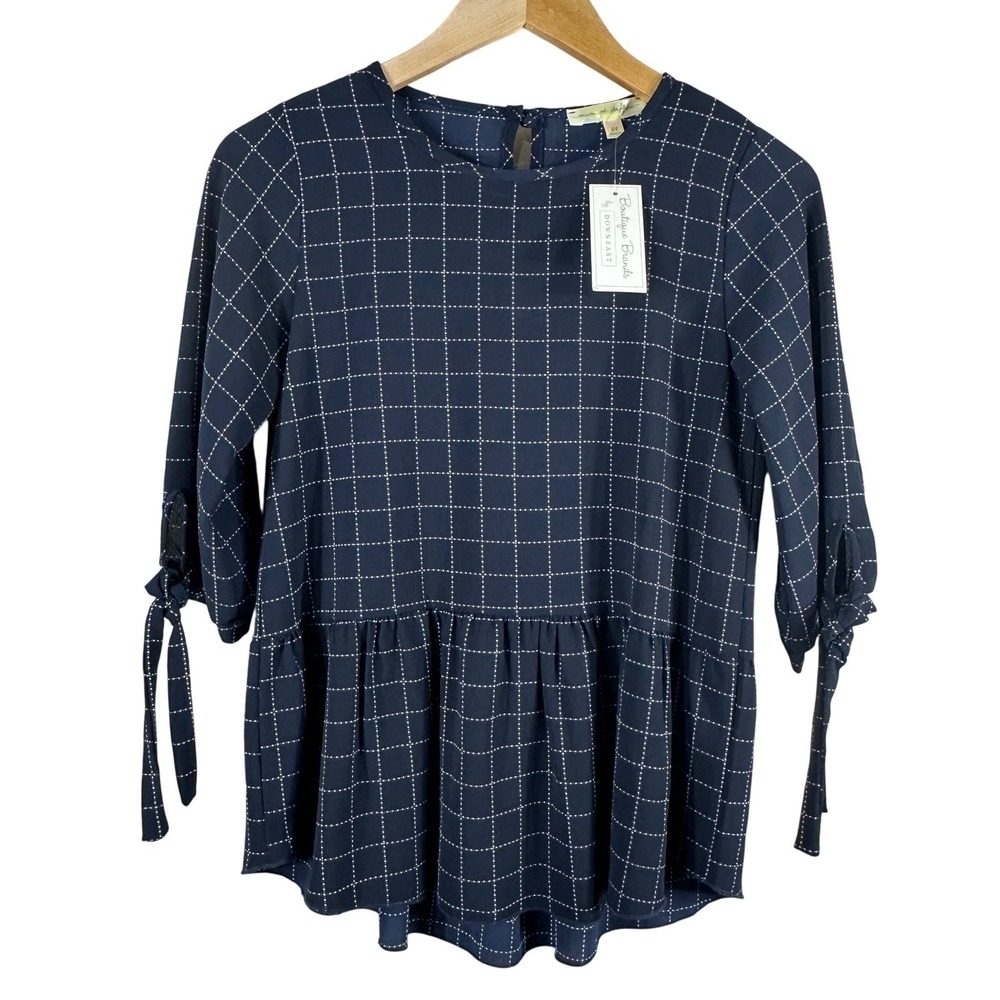 Mimi & Daphne Navy Blue Grid Peplum Top Tie Sleeve Blouse XS NEW